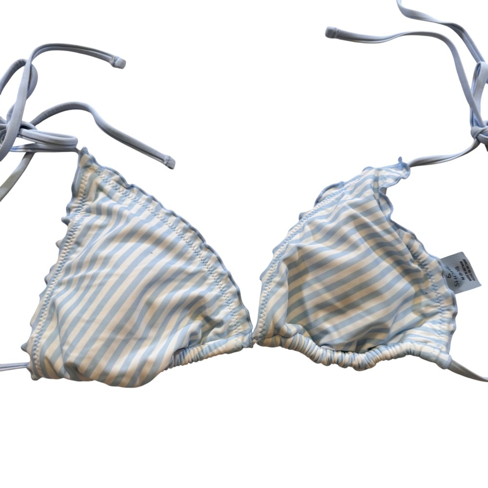 Shade & Shore Blue White Striped Lettuce Edge Triangle Bikini Swim Top NWT Sz M